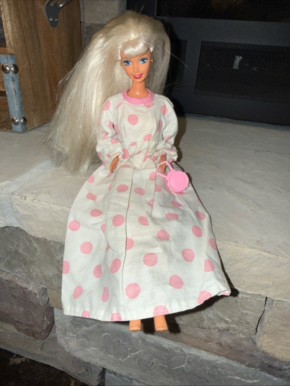 Barbie vintage white long sleeve pink polka dot dress and purse